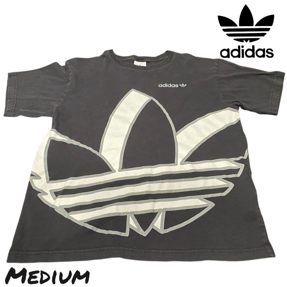 Vintage Adidas T-Shirt Mens Size MEDIUM‎ Black Short Sleeve Trefoil Large Print